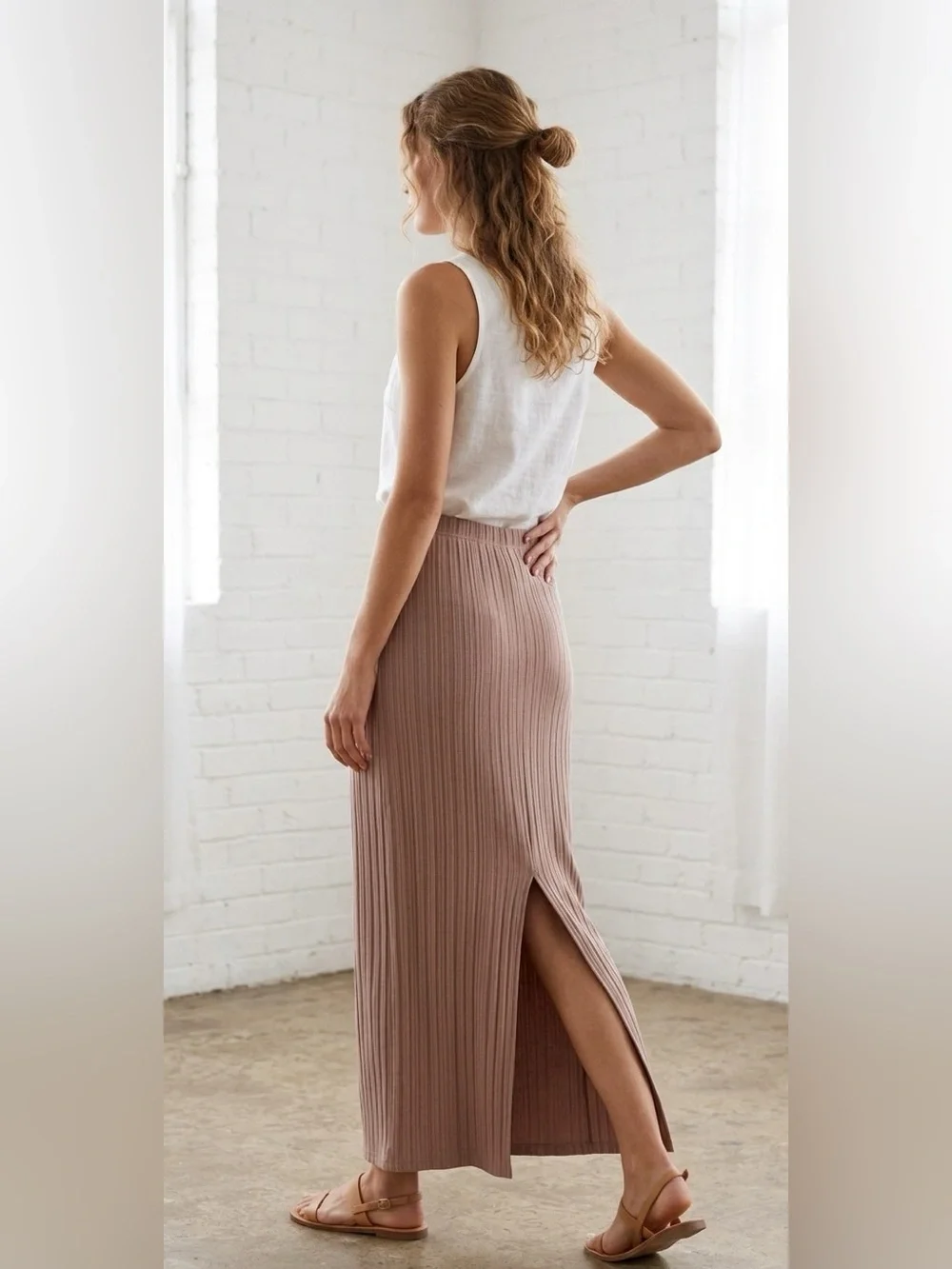 Abound Tan Beige Ribbed Knit High Slit Straight Column Maxi Skirt Size XS